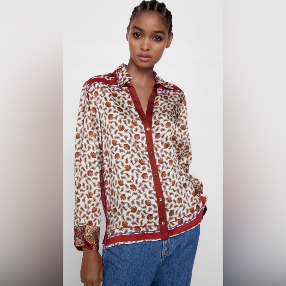 Zara Paisley and Floral Print Boho Blouse in Cream Sz S